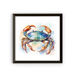 Blue crab print, watercolor crustacean core printable, coastal wall art, beach house wall decor, blue shell crab, nautical sea life download