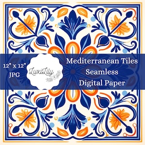 Mediterranean Tile Digital Paper Blue Orange Mediterranean Seamless Scrapbook Pages Tile Pattern Backgrounds Digital Crafts Instant Download