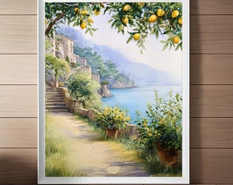Impression aquarelle de citrons de la côte amalfitaine : oeuvre d'art italienne, art mural Italie (téléchargement numérique)