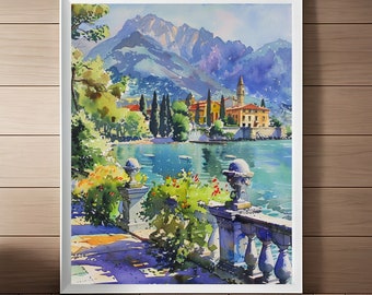 Impression aquarelle lac de Côme : art du paysage italien (téléchargement numérique)