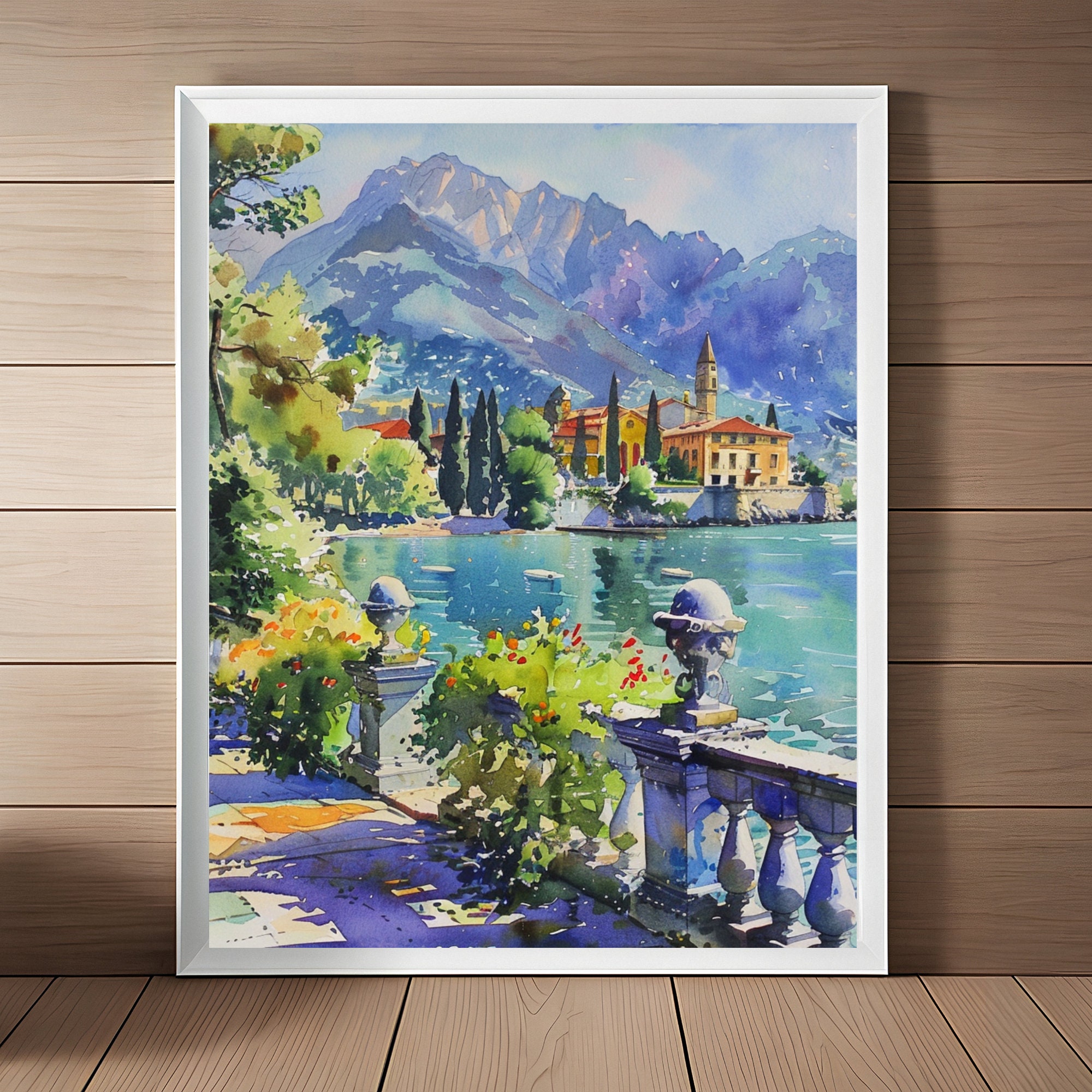 コモ湖の水彩画プリント：イタリアの風景画（デジタルダウンロード