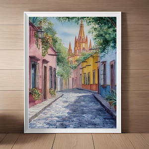 San Miguel de Allende Watercolor Painting, Mexico Artwork, Corazon de Mexico, Mexican Wall Art, Cityscape, Parroquia, Travel Art Download