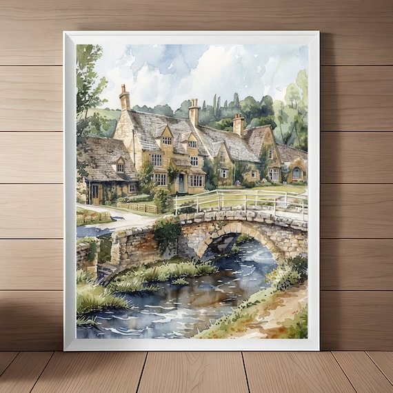 コッツウォルド村の水彩画プリント：イギリスの田園風景（デジタル