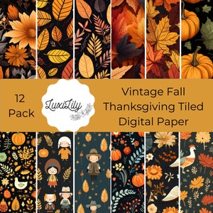 Vintage Fall Digital Paper, Thanksgiving Seamless Patterns, Fall Scrapbook Papers, Autumn Junk Journal Printable Backgrounds, Fall Leaves