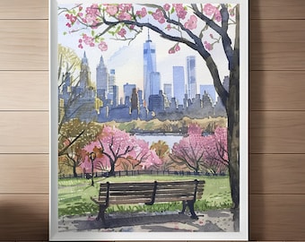 Central Park Watercolor Print: New York City Spring Scene (Digital Download)