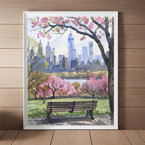 New York Painting Central Park Watercolor Print Spring Cityscape Wall Art Travel Poster NYC Skyline Wall Art USA Travel Art Printable