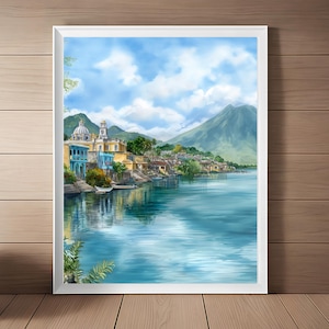 Lake Atitlan Art, Guatemala Watercolor Painting, Latin American Artwork, Guatemalan Volcano Travel Art, Printable Art, Digital Download