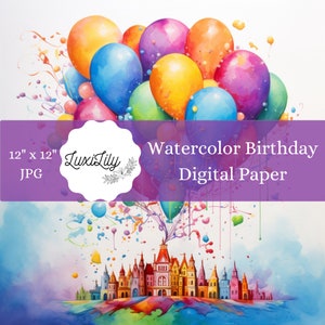 Verjaardag Digitaal Papier Regenboog Aquarel Ballonnen en Prinses Kasteel Ontwerp Kinderfeestje Achtergrond Plakboek DIY Verjaardagsuitnodiging