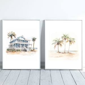Modern Beach House and Palm Trees Set of 2, coastal wall art beach house wall decor Coastal Farmhouse Art Watercolor Neutral Nautical