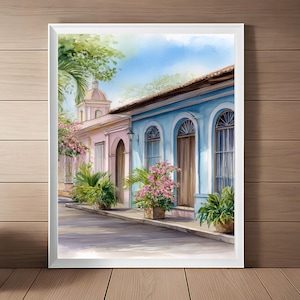 Granada Nicaragua Watercolor Painting: Colonial Streetscape Art (Digital Download)