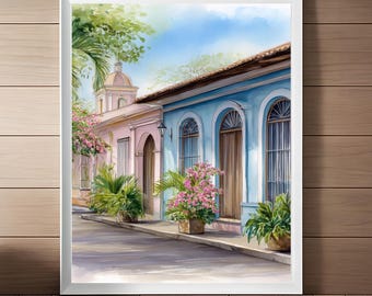 Granada Nicaragua Watercolor Painting: Colonial Streetscape Art (Digital Download)