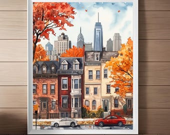 May include: A watercolor painting of a city street scene with fall foliage. The painting features a row of brick buildings with windows and doors, and a tall skyscraper in the background. There are two cars parked on the street, one red and one white.