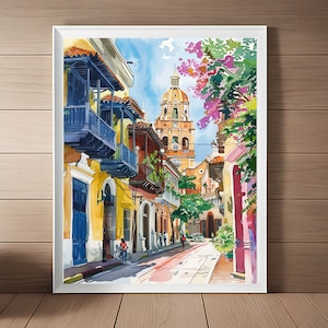 Cartagena straatbeeld schilderij Colombia kunst aan de muur, vintage aquarel Cartagena Art Print, stadsgezicht kunst, ommuurde stad reizen kunst afdrukbare
