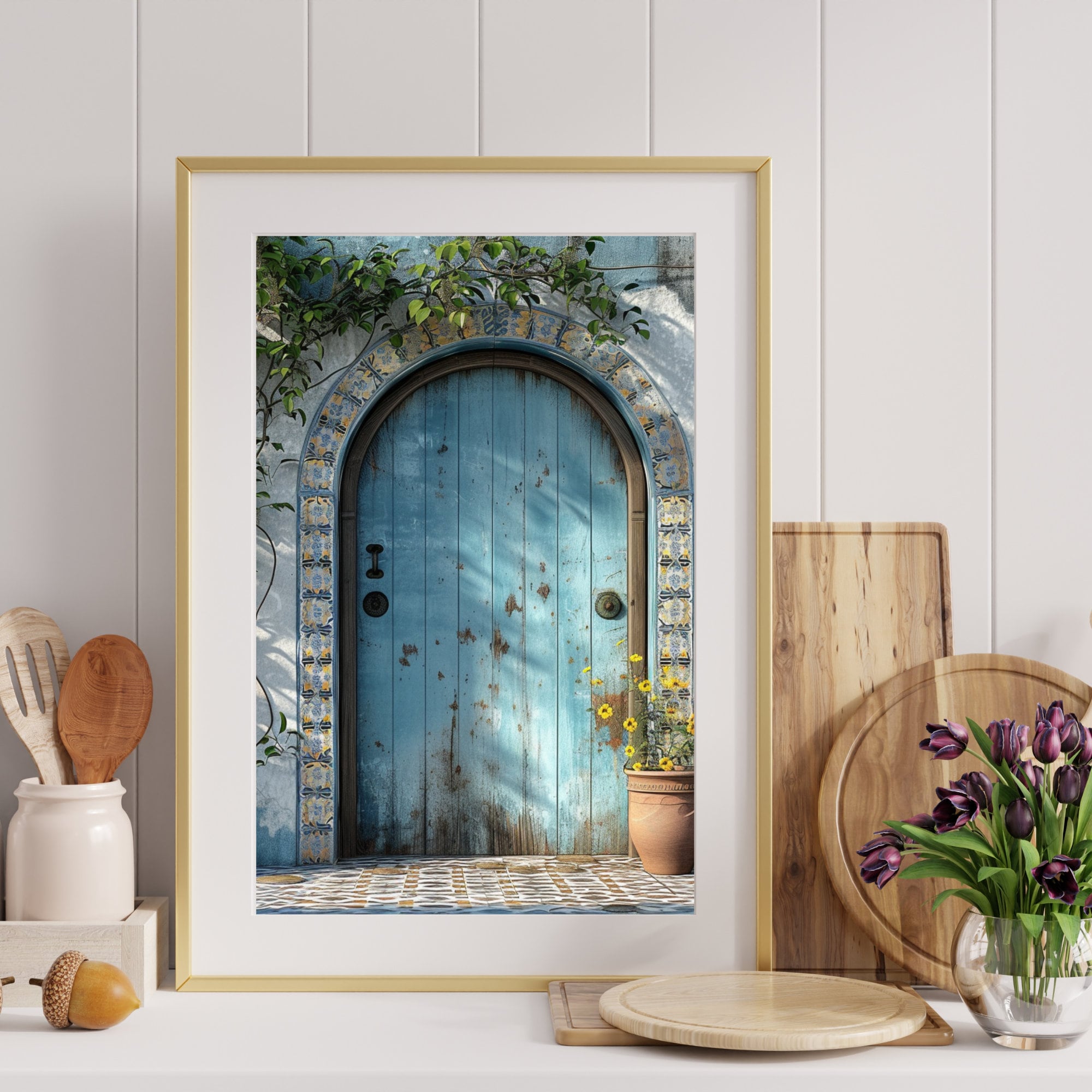Italian Blue Door Art Print: Mediterranean Mosaic Tile (digital ...