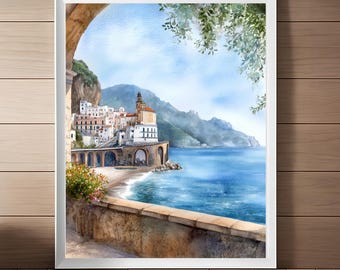 Impression d'art aquarelle Atrani Italie : oeuvre d'art de la côte amalfitaine, art mural italien (téléchargement numérique)