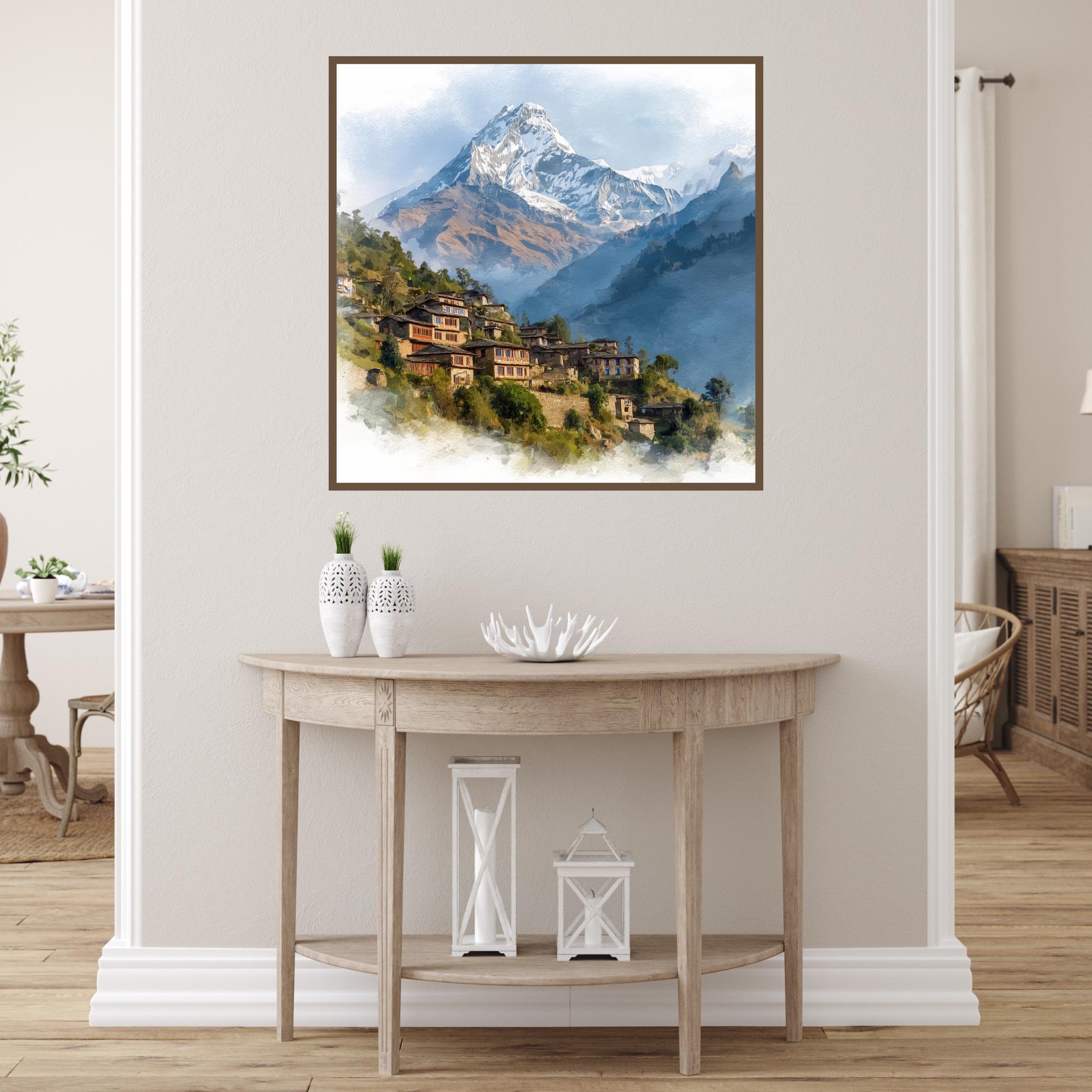 エベレスト山水彩画プリント：ネパール・ヒマラヤの風景（デジタル