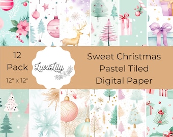Watercolor Pastel Christmas Digital Paper Pack Christmas Festive Seamless Texture Background Pastel Mint Pink Gold Christmas Holiday Pattern