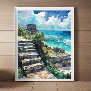 Tulum Painting Mayan Pyramids Art Print,  Mexico Coastal Seascape, Mexican Wall Art, Mayan Ruins Travel Art Download