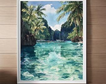 May include: A watercolour painting depicting a tropical lagoon with vibrant green palm trees and crystal-clear turquoise water. Two traditional wooden boats are moored in the tranquil water, surrounded by imposing limestone cliffs.