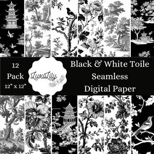 Papier numérique toile noir et blanc Papier numérique sans couture toile de Jouy Papier de scrapbooking papier mariage vintage Motif papier imprimable