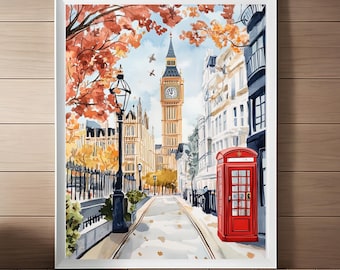 May include: A watercolor painting of a street scene in London, England. The painting features Big Ben, a red telephone booth, and fall foliage.