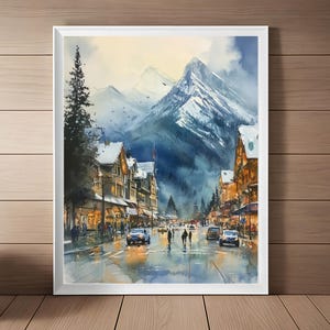 May include: A watercolor painting of a snowy mountain village with a street lined with buildings and people walking. The mountains are in the background and there are trees on either side of the street.