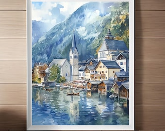 Impression d'art aquarelle Hallstatt Autriche : scène du lac européen (téléchargement numérique)