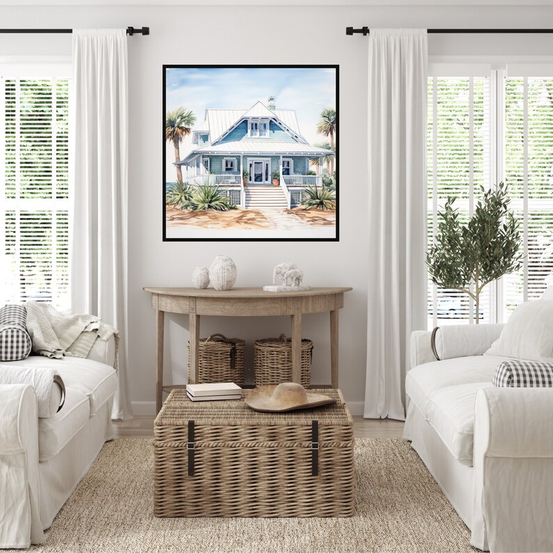 Beach House Art Print, Coastal Farm House With Large Porch Watercolor