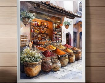 Impressão do Mercado de Especiarias de Marrakech: Arte em aquarela do Marrocos (Download Digital)
