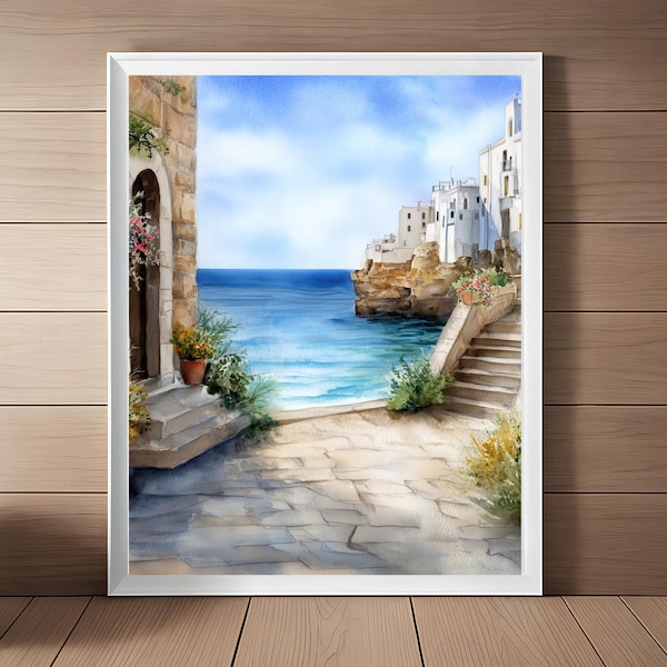 Acuarela de Polignano a Mare: Arte costero de Apulia, Italia, Impresión italiana, Póster de viaje del sur de Italia (Descarga digital)