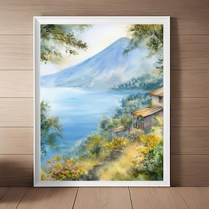 Lake Atitlan Watercolor Painting, Guatemala Art Print, Latin America Wall Art, Guatemala Volcano Travel Art Instant Digital Download