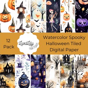 Watercolor Spooky Halloween Digital Paper, Fall Seamless Tiles Digital Paper, Halloween Scrapbook Papers Autumn Papers Printable Backgrounds