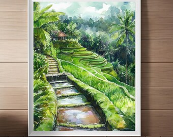 Könnte beinhalten: Aquarellgemälde einer üppigen grünen Reisterrassenlandschaft in Bali, Indonesien. Das Gemälde zeigt einen gewundenen Steinweg, der den Hügel hinauf führt, mit einer kleinen Holzhütte, die sich zwischen den Bäumen befindet.
