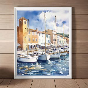 French Riviera Watercolor Painting, Saint Tropez Print, France Seascape Wall Art, Cityscape, Harbor, Travel Poster, Travel Gift Download