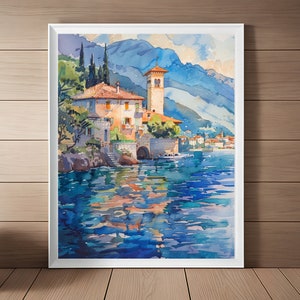 Lake Como Painting, Italy Landscape Watercolor Art Print, Nature Wall Art, Scenic Wall Decor, Italian Travel Art Printable Download