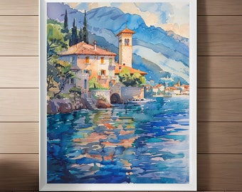 Aquarelle du lac de Côme : paysage italien, décoration murale (téléchargement numérique)