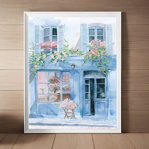 Paris Flower Shop Watercolor Art Print: French Cityscape (Digital Download)