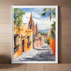 San Miguel de Allende Art Print, Mexico Watercolor Painting, Corazon de Mexico, Mexican Wall Art, Cityscape, Parroquia, Travel Art Download