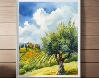 Tuscany Olive Tree Watercolor Painting: Italy Landscape Art (Digital Download)