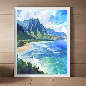 Kauai Watercolor Print, Hanalei Bay Painting, Hawaii Beach Wall Art, Seascape Art Coastal Artwork, Travel Gift, Printable Instant Download