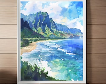Kauai Aquarell Druck, Hanalei Bay Gemälde, Hawaii Strand Wandkunst, Meer Kunst Küsten Kunstwerk, Reise Geschenk, Printable Sofort Download