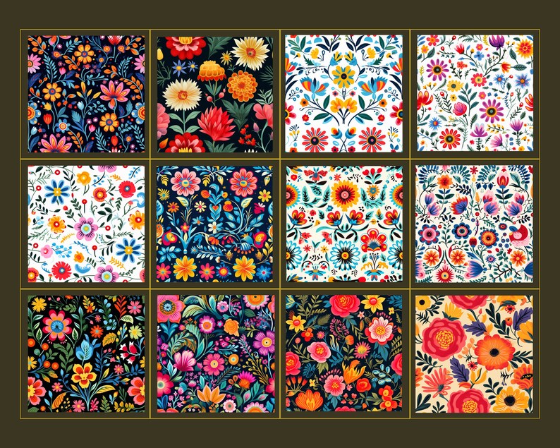 Mexican Floral Digital Paper: Otomi Flowers Seamless Pattern (digital ...