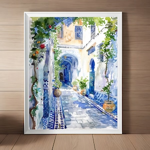 Pintura de Marrakesh Marrocos, impressão artística, arte de parede europeia, arte de viagem marroquina, flores e aquarela de azulejos azuis para impressão, download instantâneo