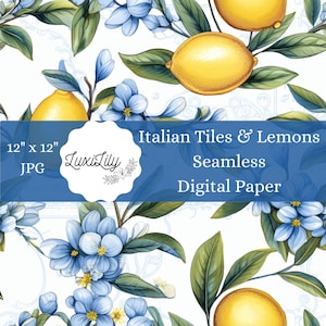 Italian Tile and Lemons Digital Paper Seamless Floral Lemon Tile Pattern Mediterranean Scrapbook Pages Backgrounds Printable Paper Download