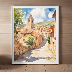 Albarracin Village Spain Art, Spanish Streetscape Print, Colonial Artwork, Europe Watercolor Painting, European Travel Poster, Travel Gift