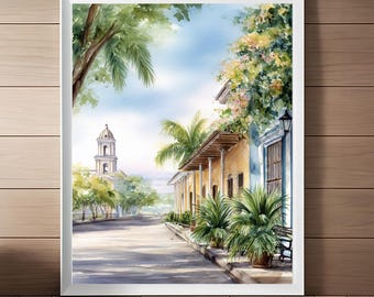 Granada Nicaragua Watercolor Painting: Colonial Streetscape Art (Digital Download)