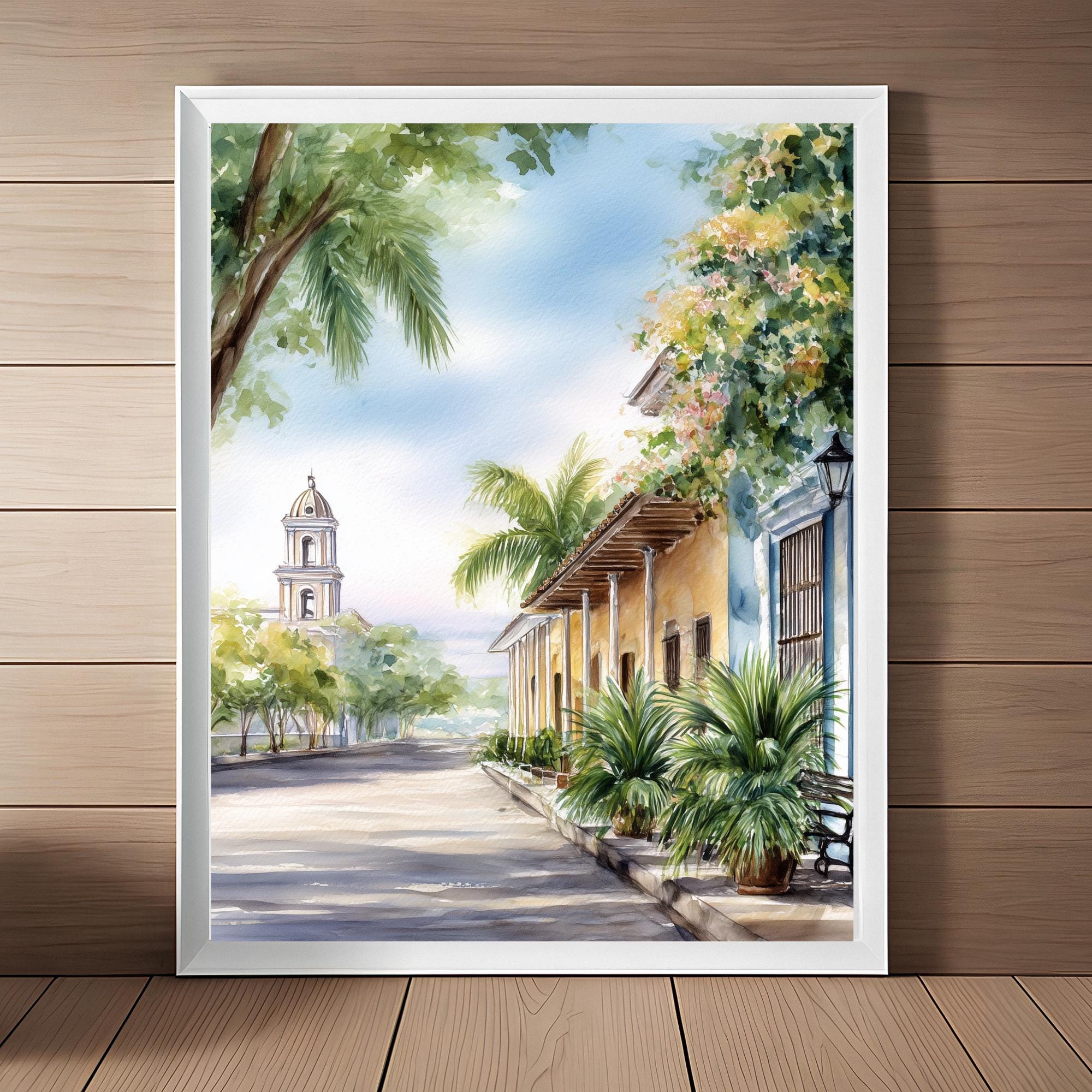 Granada Nicaragua Watercolor Painting: Colonial Streetscape Art