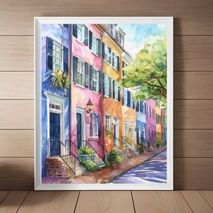 Charleston Rainbow Row Streetscape Painting, South Carolina Watercolor Art Print, Charleston Cityscape Artwork, Travel Wall Art
