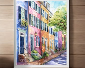 Charleston Rainbow Row Watercolor Print: South Carolina Cityscape (Digital Download)