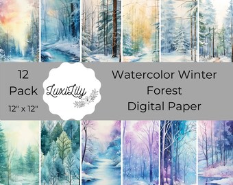 Watercolor Winter Forest Digital Paper, watercolor textures instant download printable Landscape Backdrop Scrapbooking Download Junk Journal